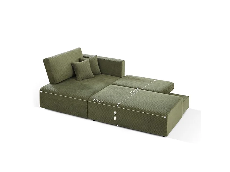 Canapé d'angle gauche ouvert convertible velours côtelé 4 places vert KALYS
