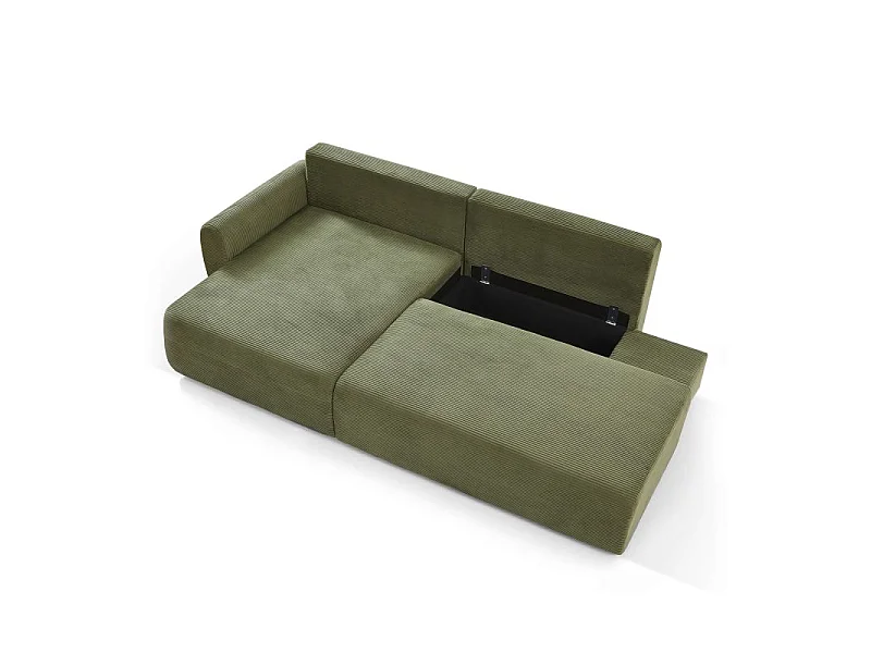 Canapé d'angle gauche ouvert convertible velours côtelé 4 places vert KALYS