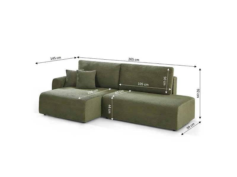 Canapé d'angle gauche ouvert convertible velours côtelé 4 places vert KALYS