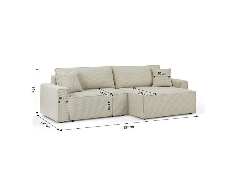 Canapé d'angle convertible réversible chaise large velours côtelé 4 places beige IOLITE