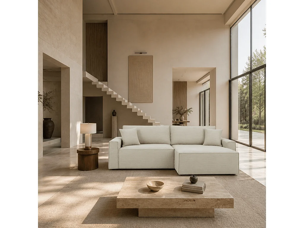Canapé d'angle convertible réversible chaise large velours côtelé 4 places beige IOLITE