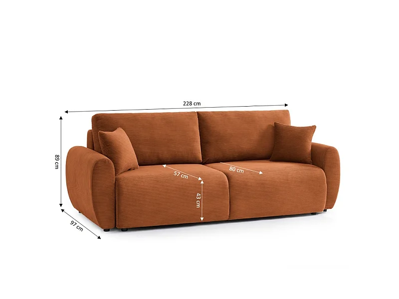 Canapé droit convertible velours côtelé 3 places terracotta KALYS