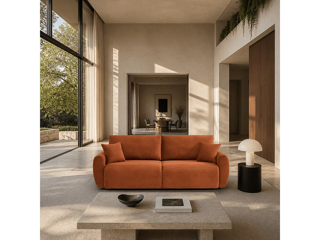 Canapé droit convertible velours côtelé 3 places terracotta KALYS