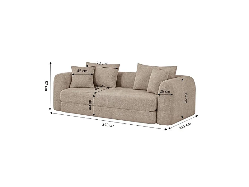 Canapé droit compressé convertible tissu bouclette 3 places taupe ETRETAT