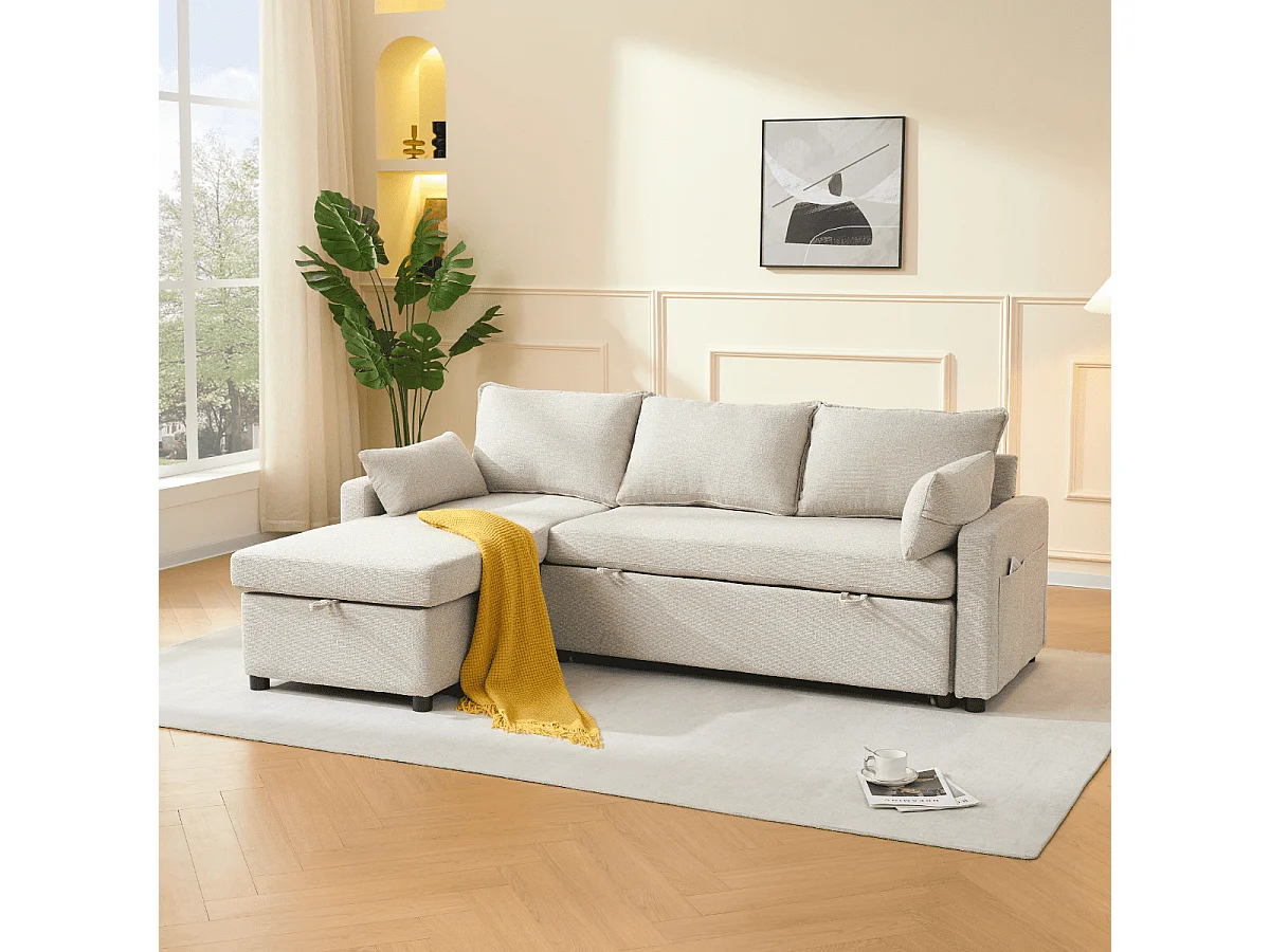 3-zits slaapbank in stof met chaise longue L219 cm - LOUISON