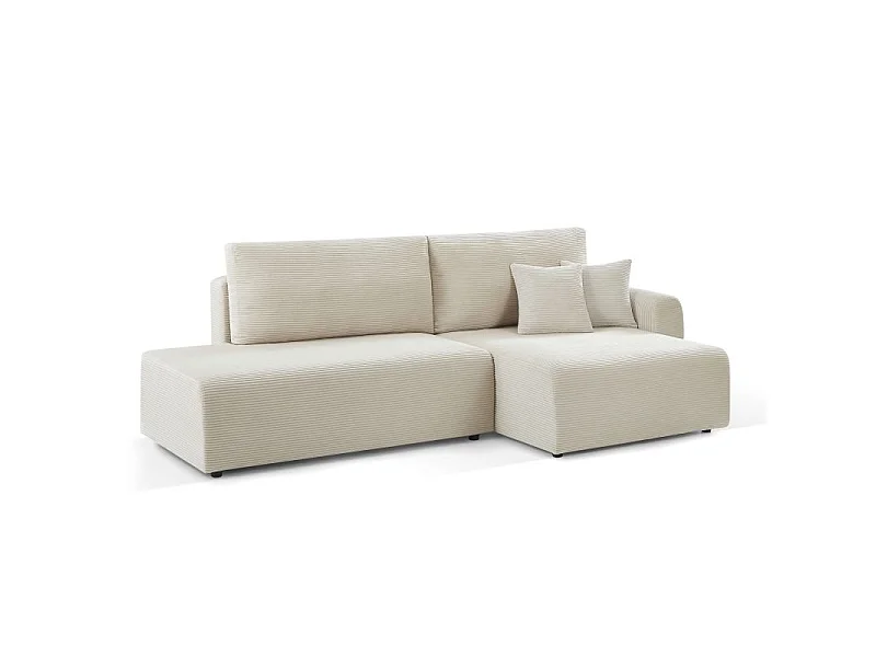 Canapé d'angle droit ouvert convertible velours côtelé 4 places beige KALYS
