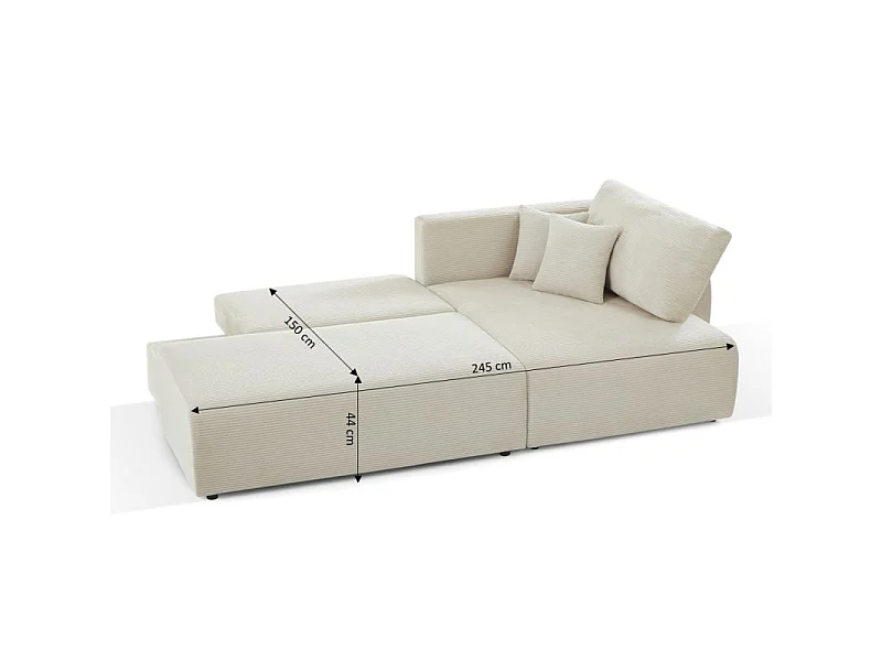 Canapé d'angle droit ouvert convertible velours côtelé 4 places beige KALYS