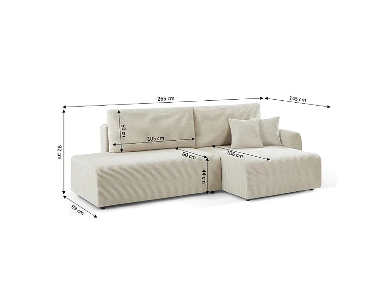 Canapé d'angle droit ouvert convertible velours côtelé 4 places beige KALYS