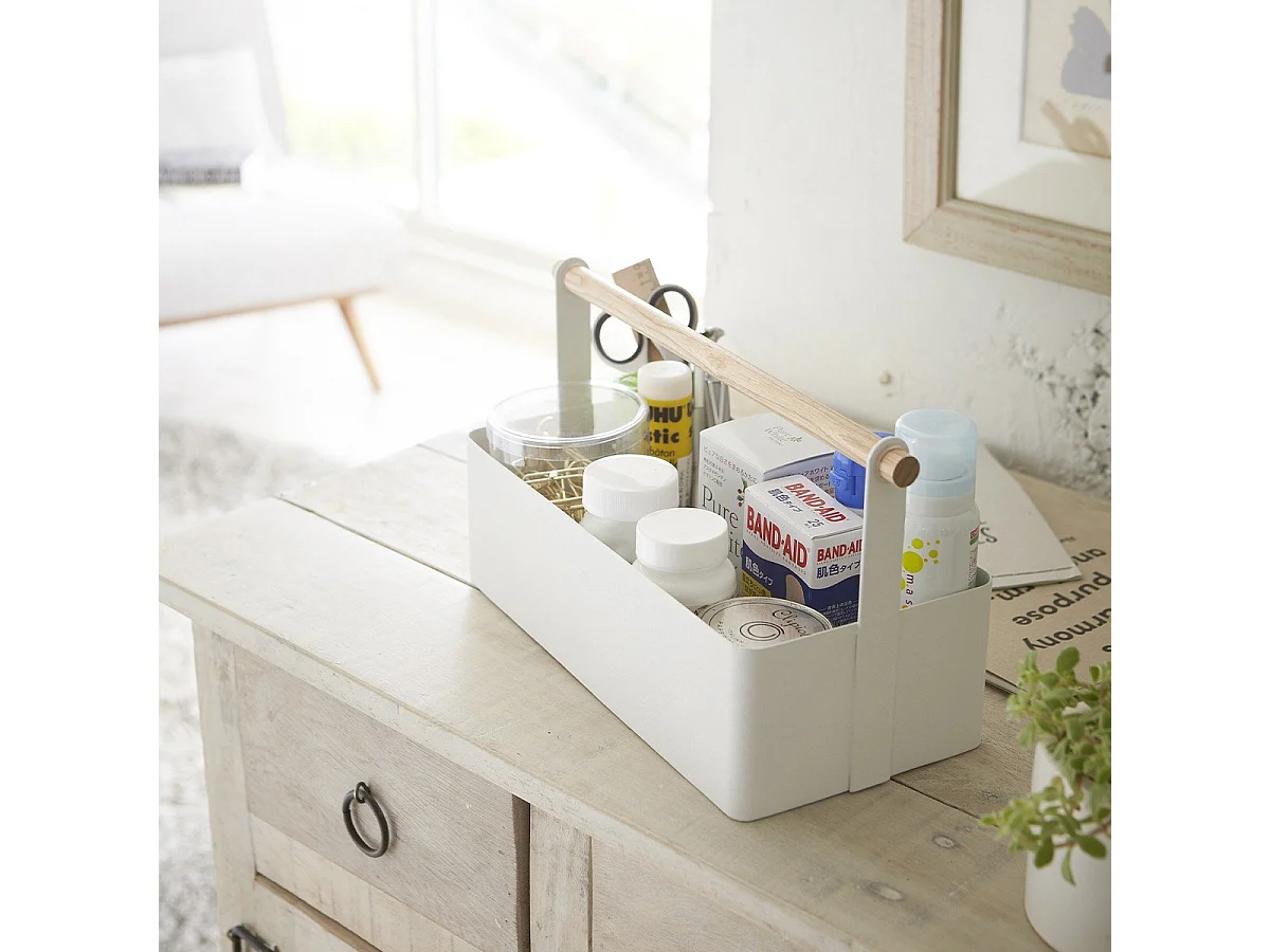Panier de Rangement en Métal Blanc avec Poignée en Bois - L29 cm