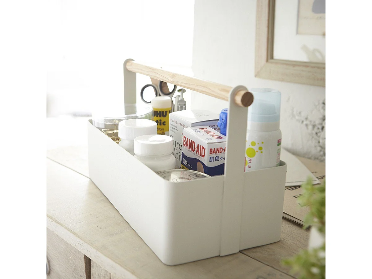 Panier de Rangement en Métal Blanc avec Poignée en Bois - L29 cm