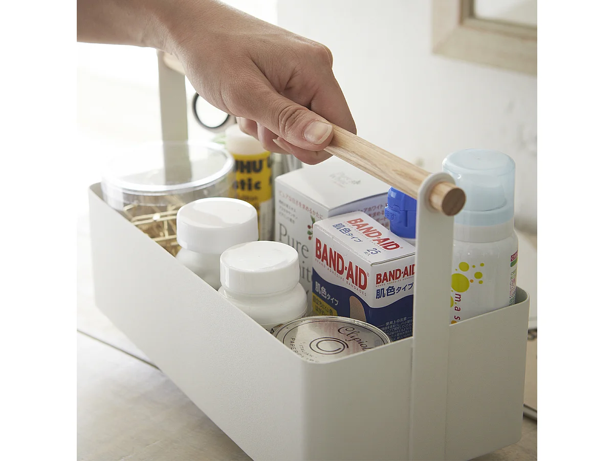 Panier de Rangement en Métal Blanc avec Poignée en Bois - L29 cm