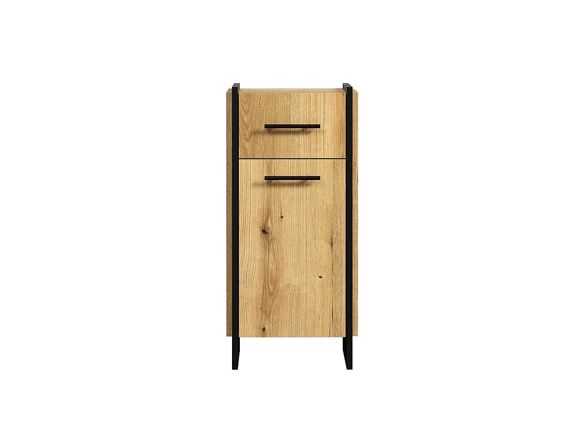 Meuble bas salle de bain 1 porte décor chêne et noir H79 cm - ELLIE