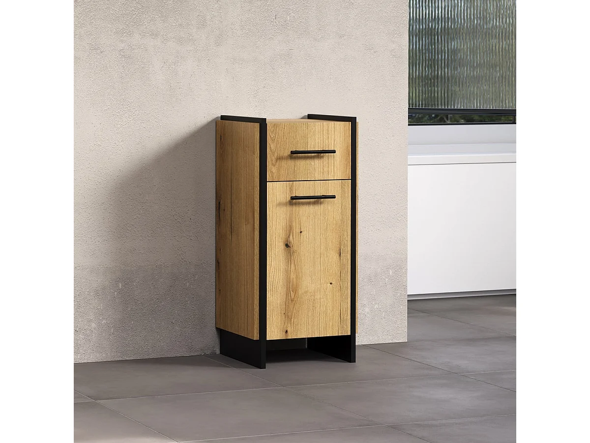 Meuble bas salle de bain 1 porte décor chêne et noir H79 cm - ELLIE