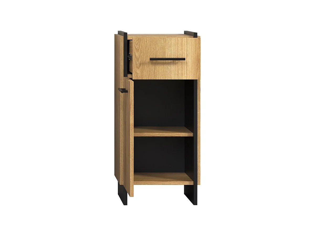 Meuble bas salle de bain 1 porte décor chêne et noir H79 cm - ELLIE