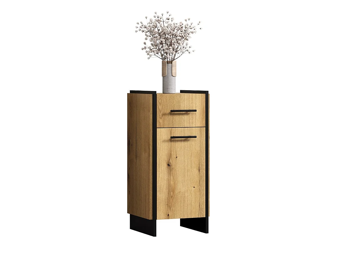 Meuble bas salle de bain 1 porte décor chêne et noir H79 cm - ELLIE