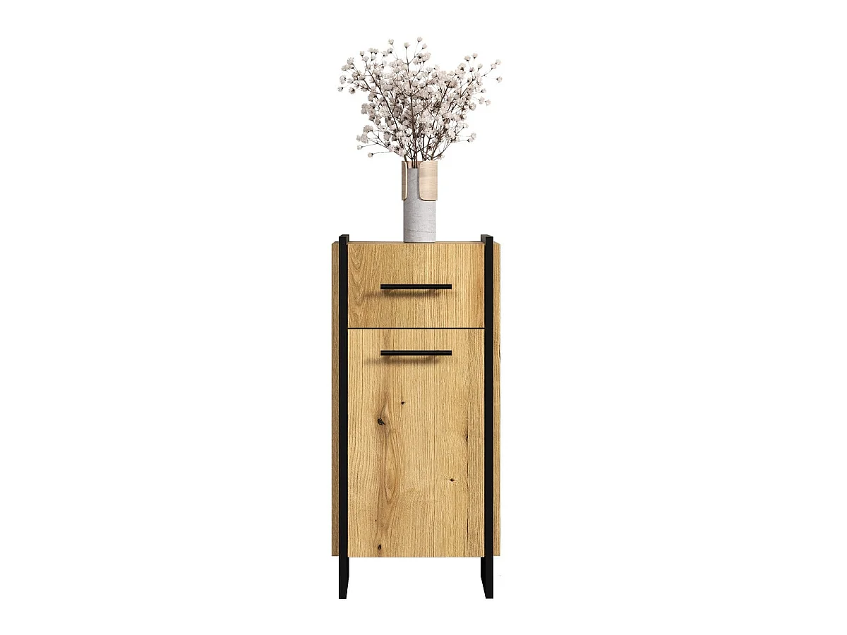 Meuble bas salle de bain 1 porte décor chêne et noir H79 cm - ELLIE