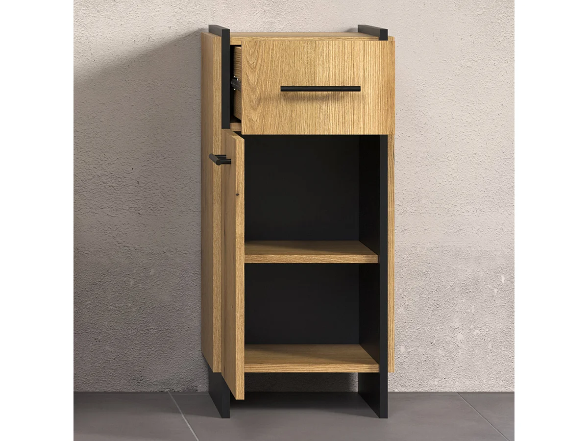 Meuble bas salle de bain 1 porte décor chêne et noir H79 cm - ELLIE