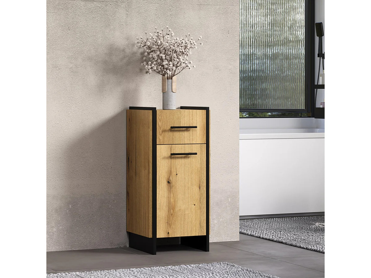 Meuble bas salle de bain 1 porte décor chêne et noir H79 cm - ELLIE