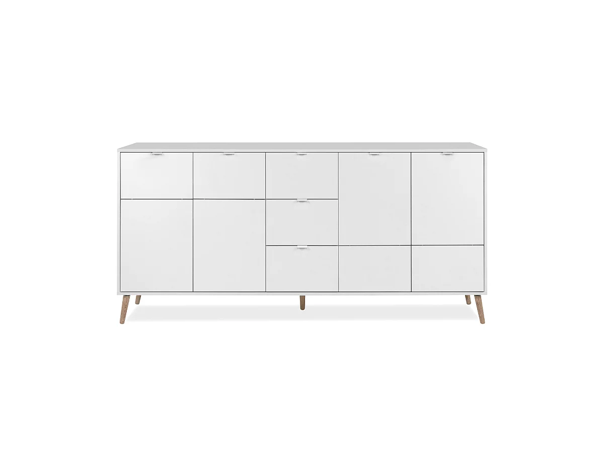 Komoda KLINT 4-drzwiowa z 3 szufladami w wykończeniu białym i dębowym, szerokość 190 cm