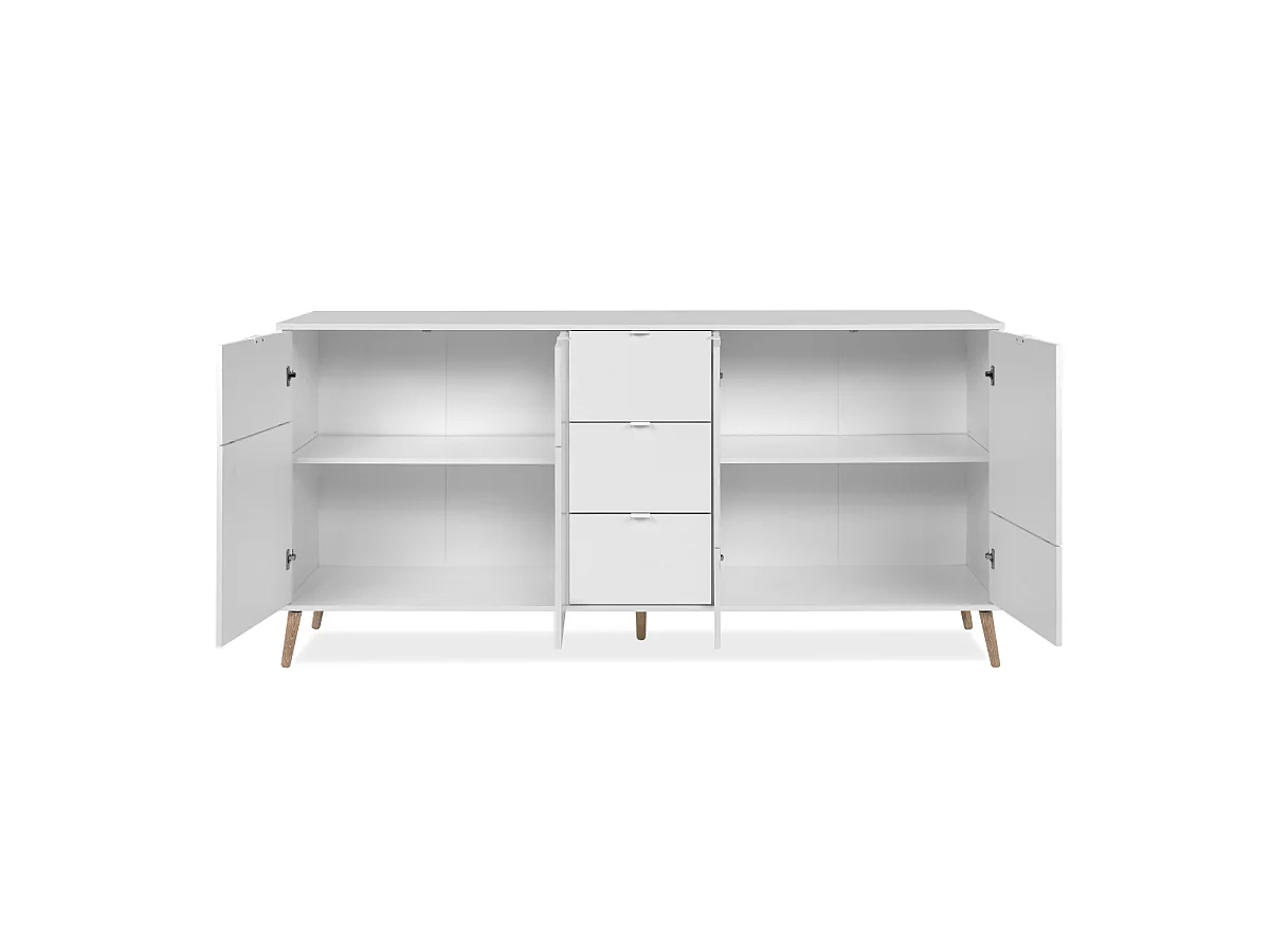 Komoda KLINT 4-drzwiowa z 3 szufladami w wykończeniu białym i dębowym, szerokość 190 cm
