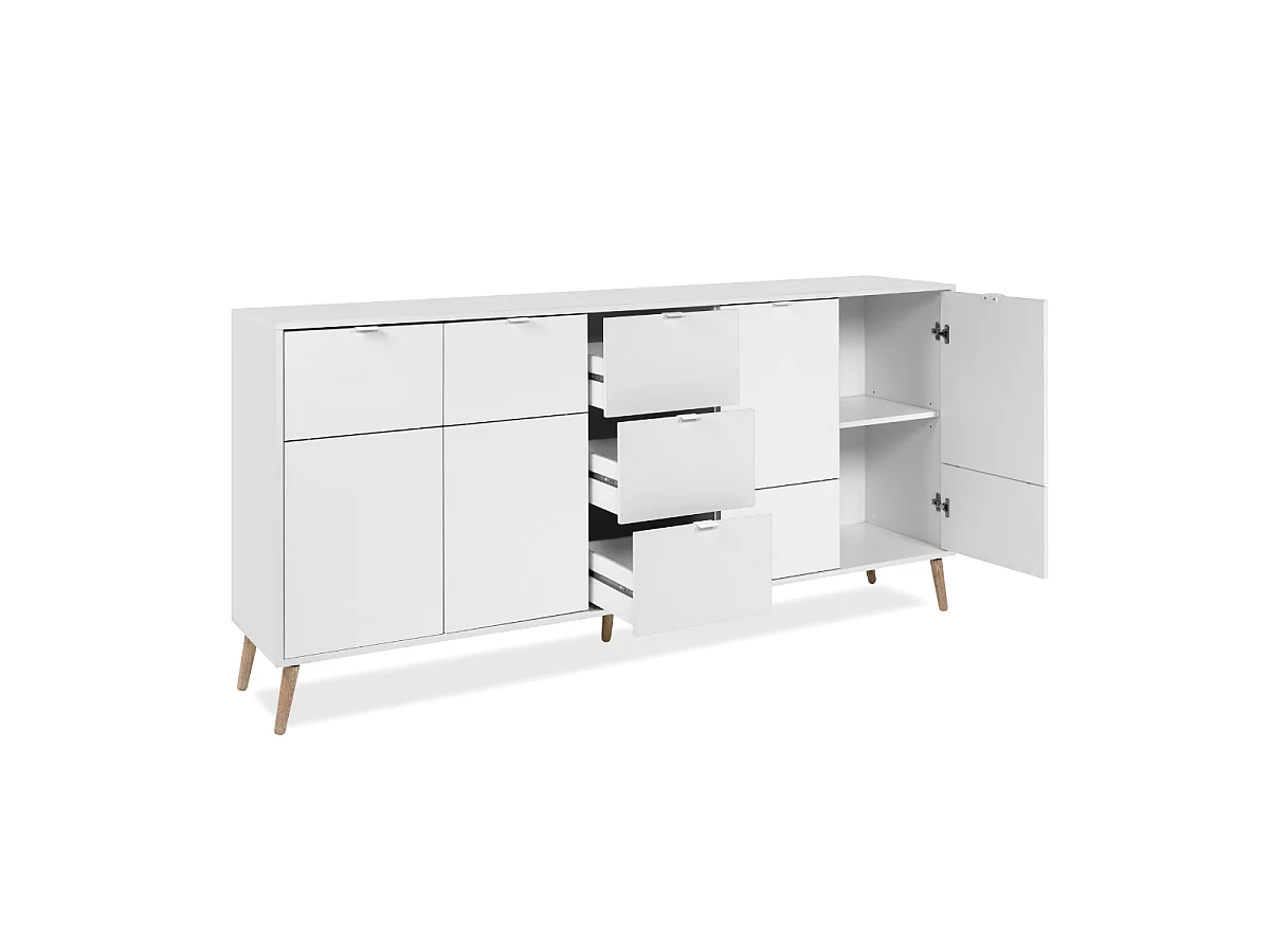 Komoda KLINT 4-drzwiowa z 3 szufladami w wykończeniu białym i dębowym, szerokość 190 cm