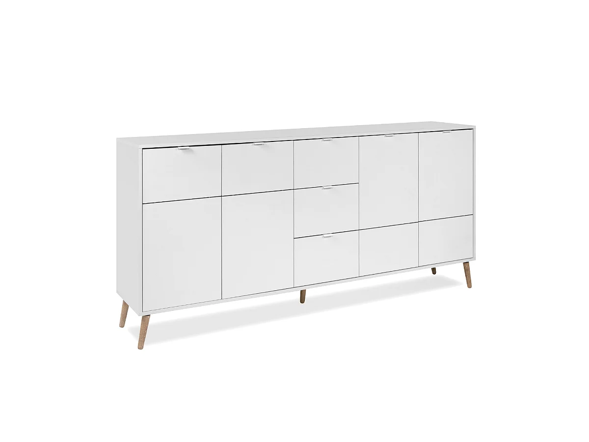 Komoda KLINT 4-drzwiowa z 3 szufladami w wykończeniu białym i dębowym, szerokość 190 cm