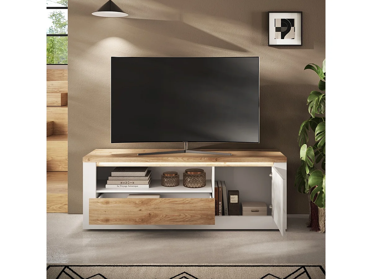 Mobile TV con 1 porta e 1 cassetto effetto bianco e rovere L160 cm - ISCHIA