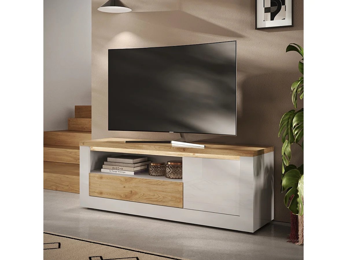 Mobile TV con 1 porta e 1 cassetto effetto bianco e rovere L160 cm - ISCHIA