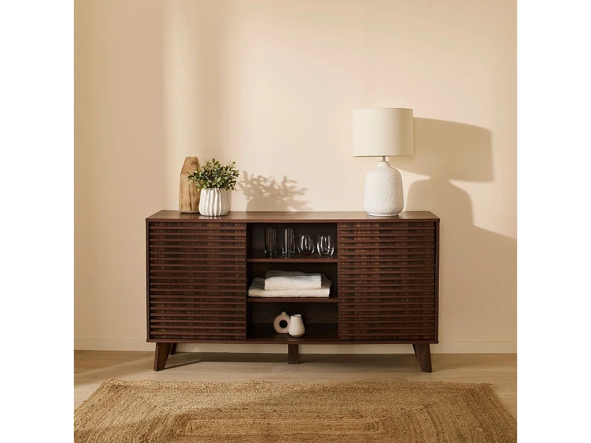 Buffet 2 portes coulissantes façades effet bois rainuré L140 cm FRIBOURG