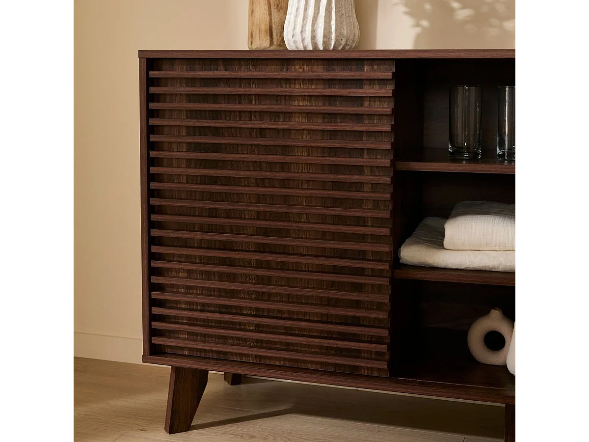 Buffet 2 portes coulissantes façades effet bois rainuré L140 cm FRIBOURG