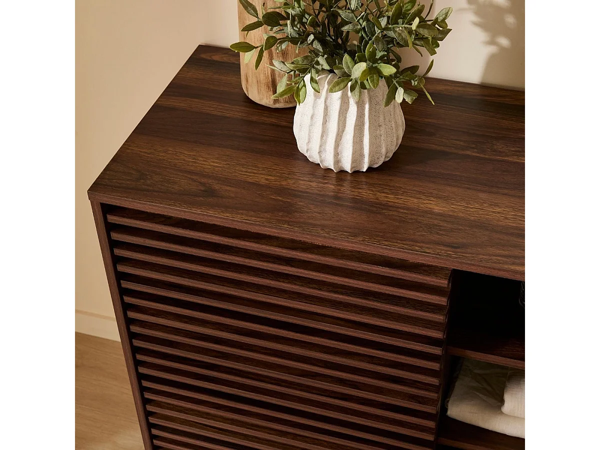 Buffet 2 portes coulissantes façades effet bois rainuré L140 cm FRIBOURG