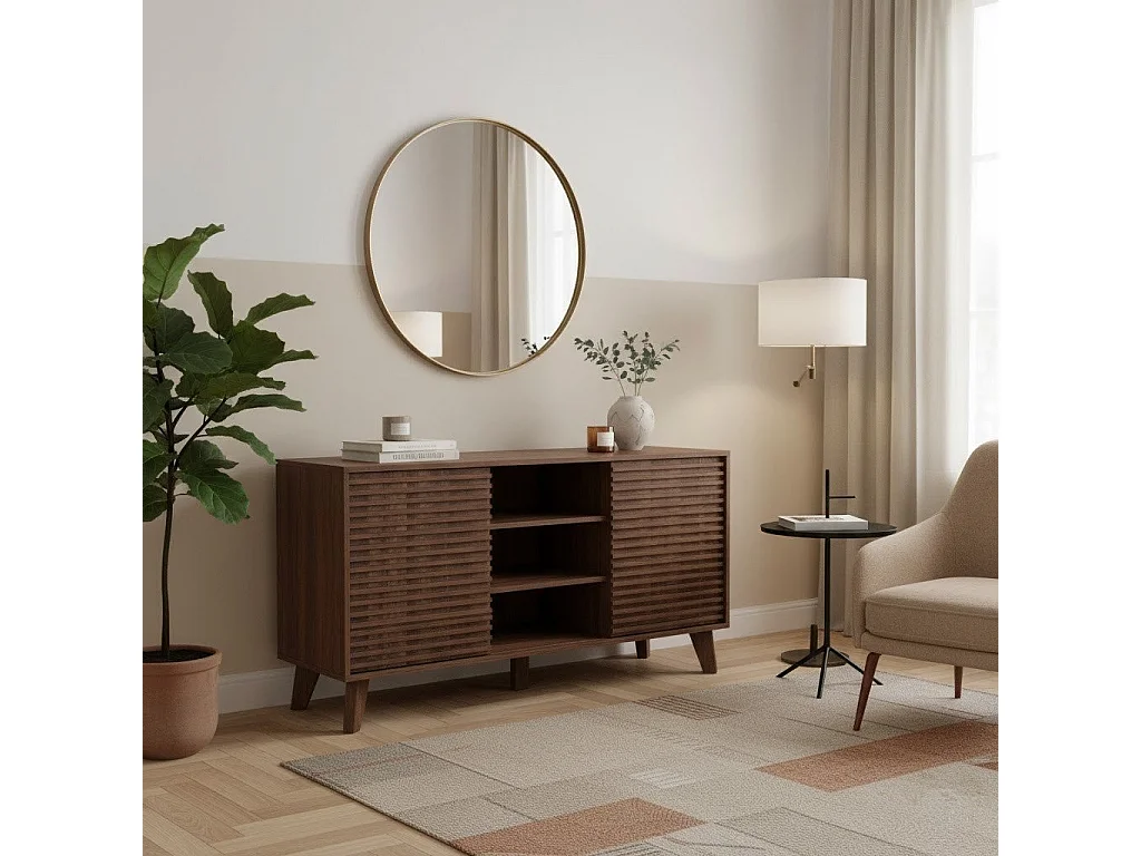 Buffet 2 portes coulissantes façades effet bois rainuré L140 cm FRIBOURG