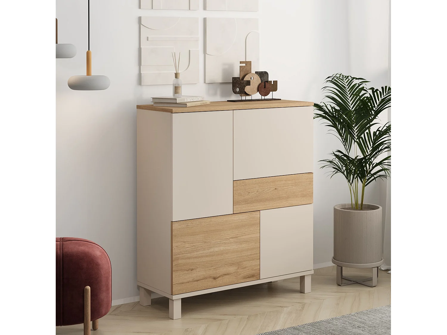 Credenza alta a 4 ante, 1 cassetto decor cashmere e rovere L87 cm - KORA