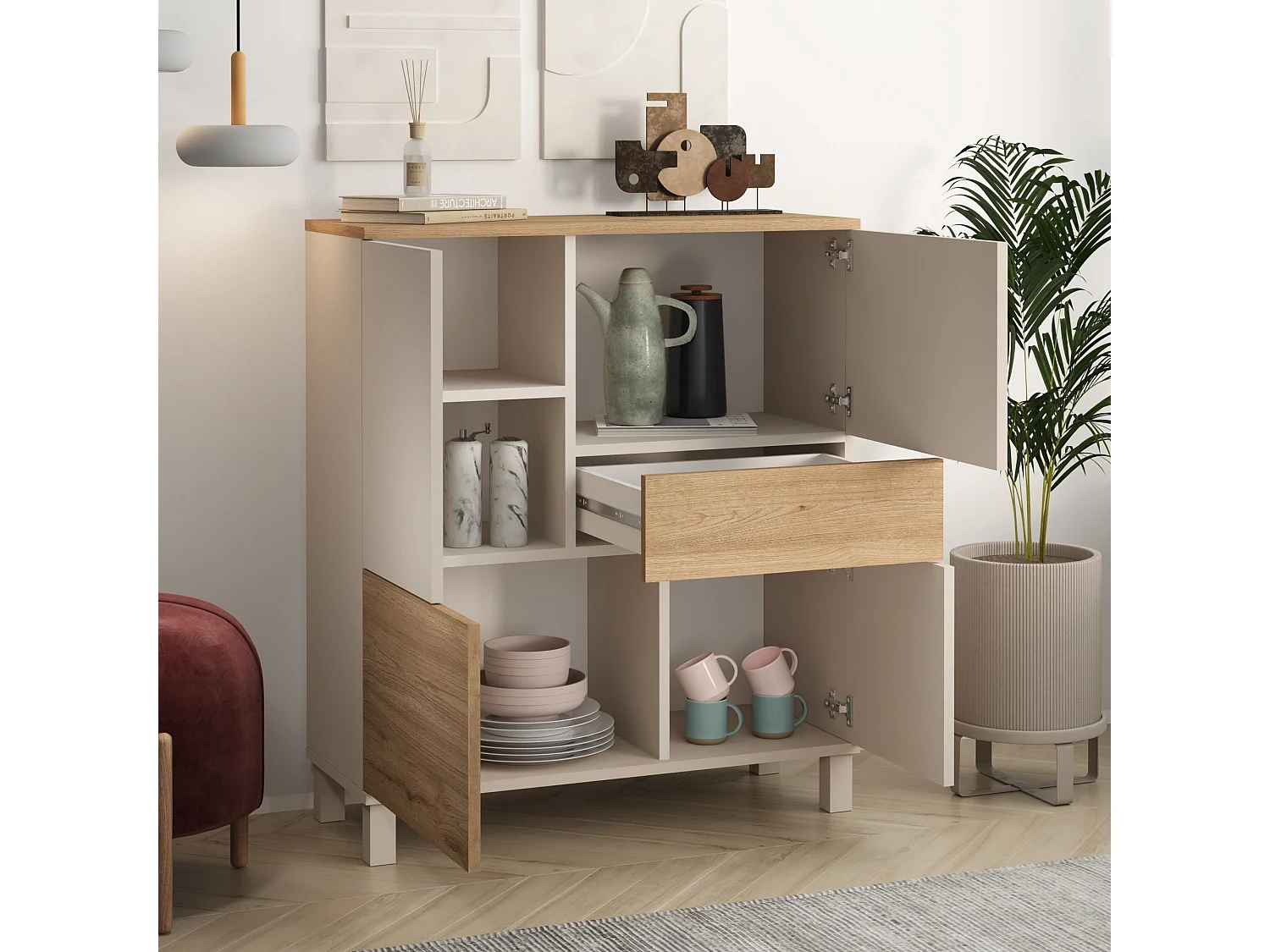 Credenza alta a 4 ante, 1 cassetto decor cashmere e rovere L87 cm - KORA