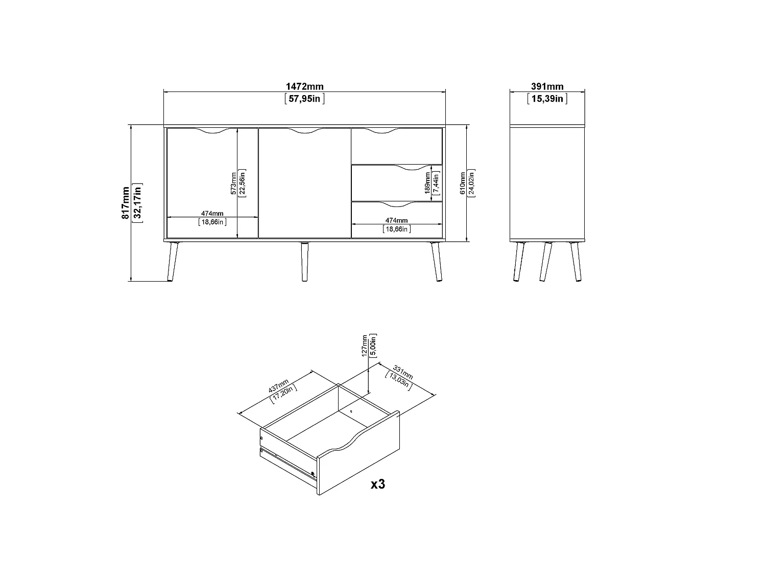 Credenza 2 ante, 3 cassetti bianco e rovere decorativo L147,2 cm - BILLUND