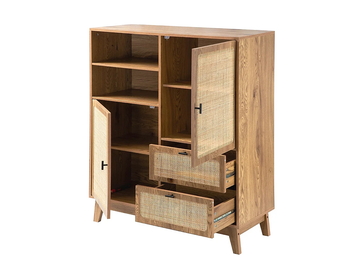 Mobile alto 2 ante 3 cassetti con facciate in rattan H120 cm - ALIA