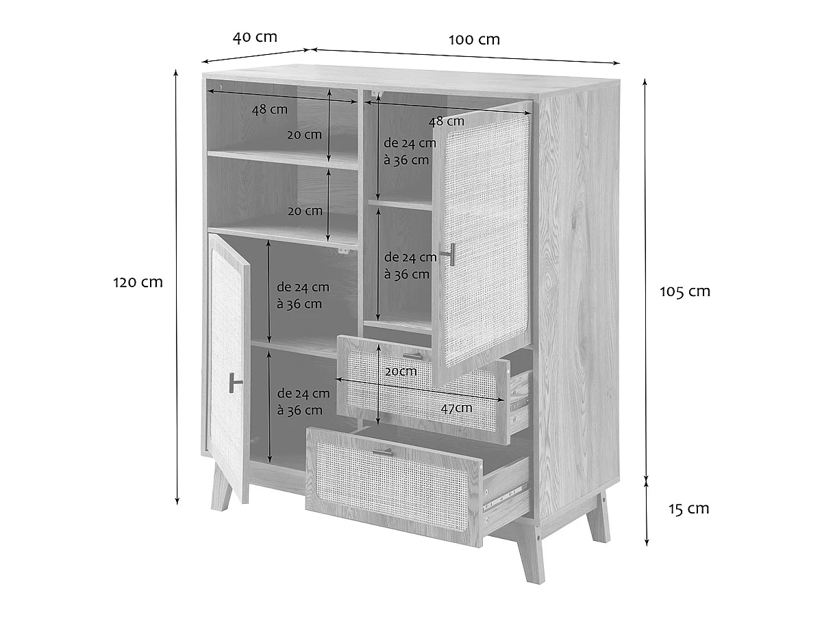 Mobile alto 2 ante 3 cassetti con facciate in rattan H120 cm - ALIA