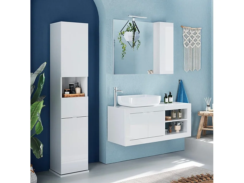 Weißer drehbarer Badhochschrank mit Spiegeltür und Schublade Tilda