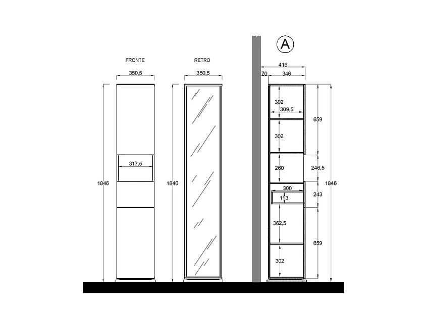 Weißer drehbarer Badhochschrank mit Spiegeltür und Schublade Tilda