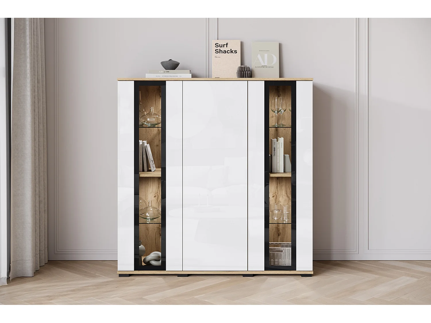FARO ladekast, dressoir breedte 120 cm, met LED, Kleur: Wotan eik / wit