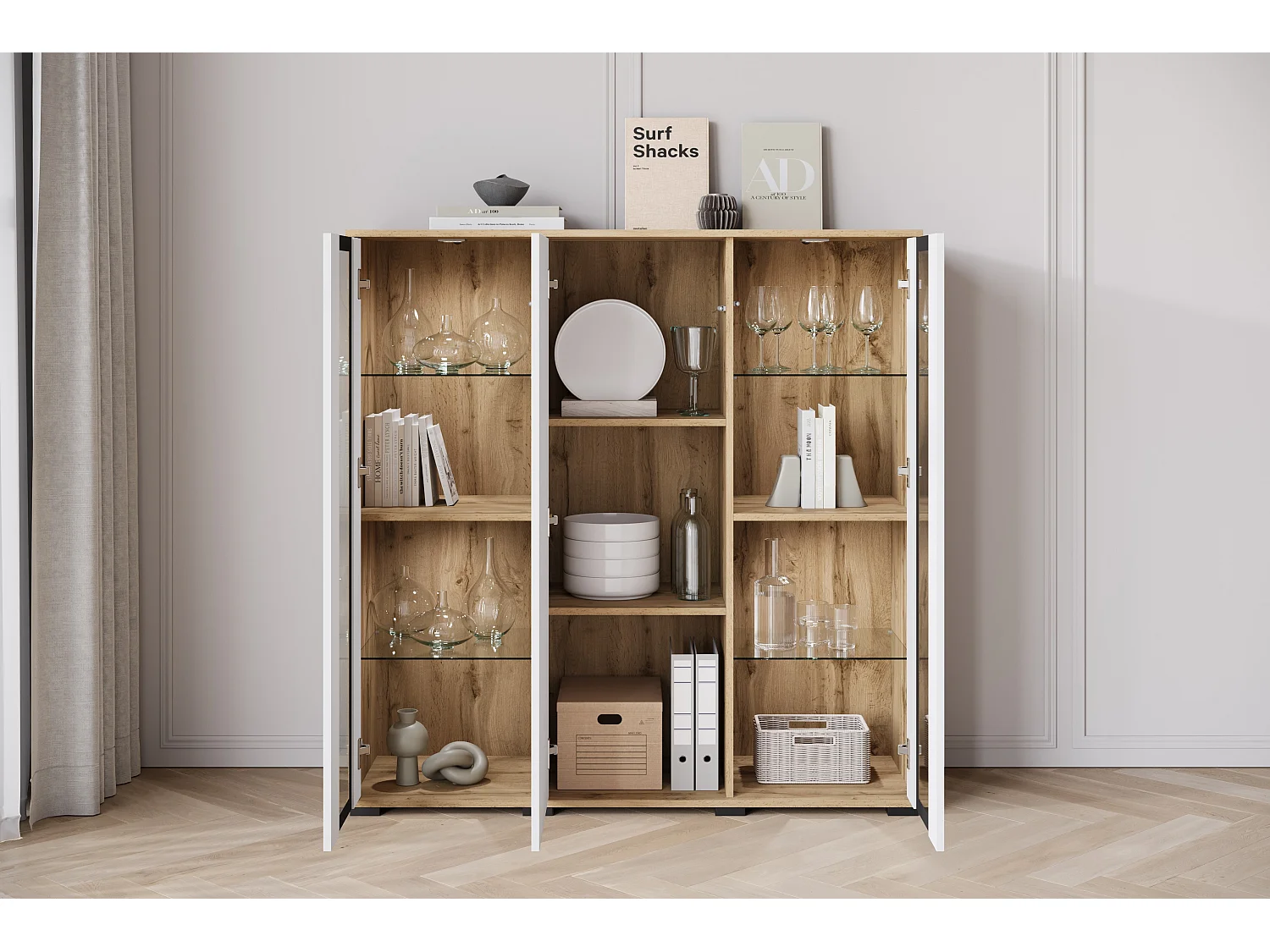 FARO ladekast, dressoir breedte 120 cm, met LED, Kleur: Wotan eik / wit