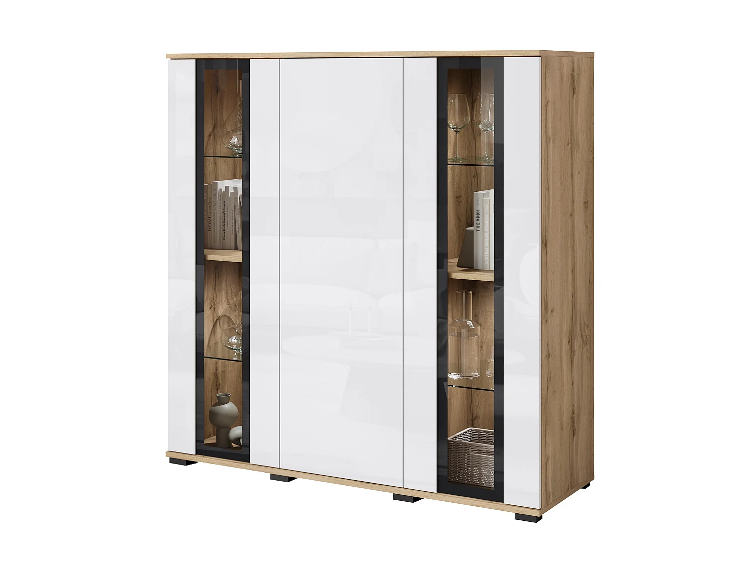 FARO ladekast, dressoir breedte 120 cm, met LED, Kleur: Wotan eik / wit