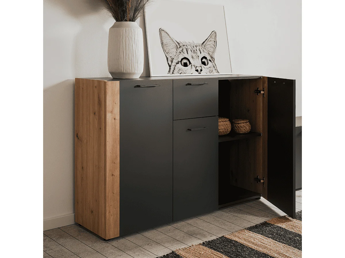 Madia Cento01B con 3 ante e 1 cassetto colore antracite con laterali in rovere artisan 125 cm