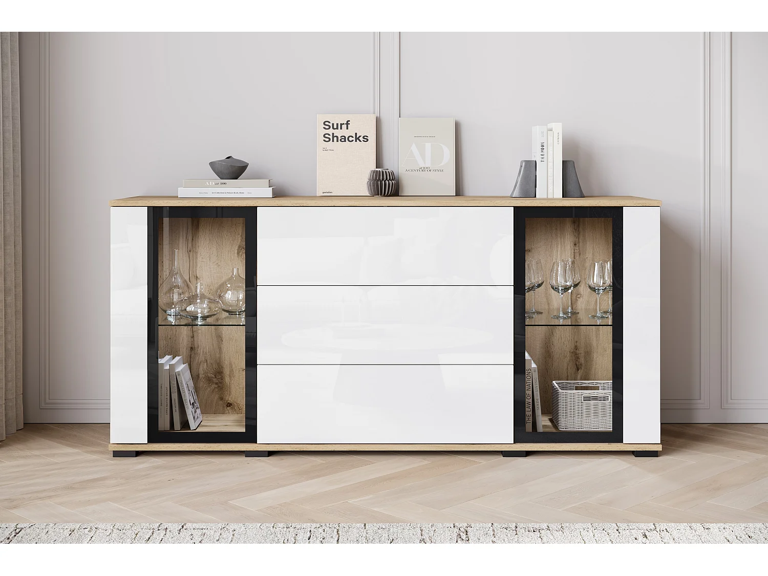 FARO ladekast, dressoir breedte 150 cm, met LED, kleur: Wotan eiken / wit