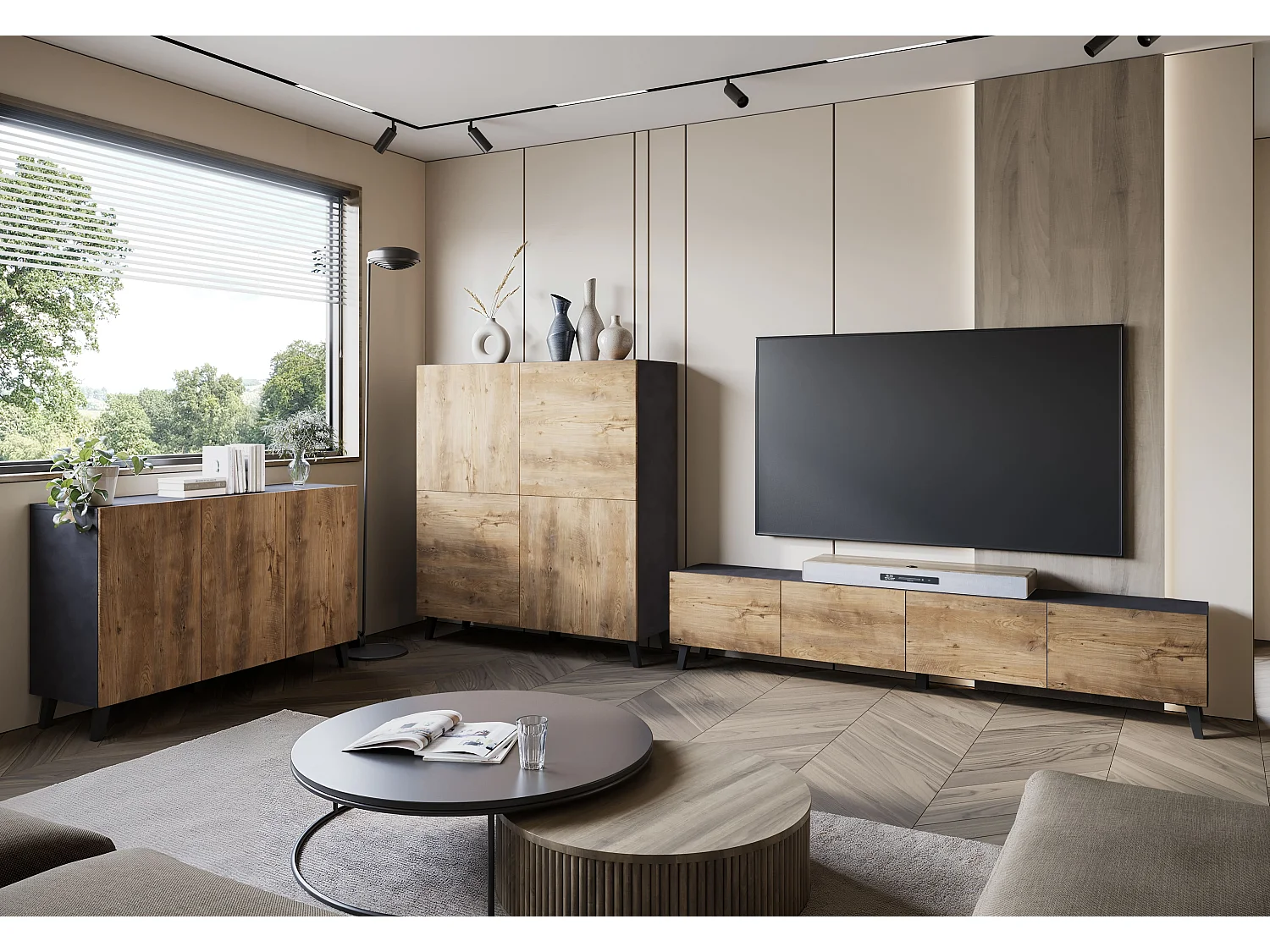 LOKET TV-meubel 190 cm, elegant dressoir met opbergruimte en hoge poten, matera/kastanjebruine kleur