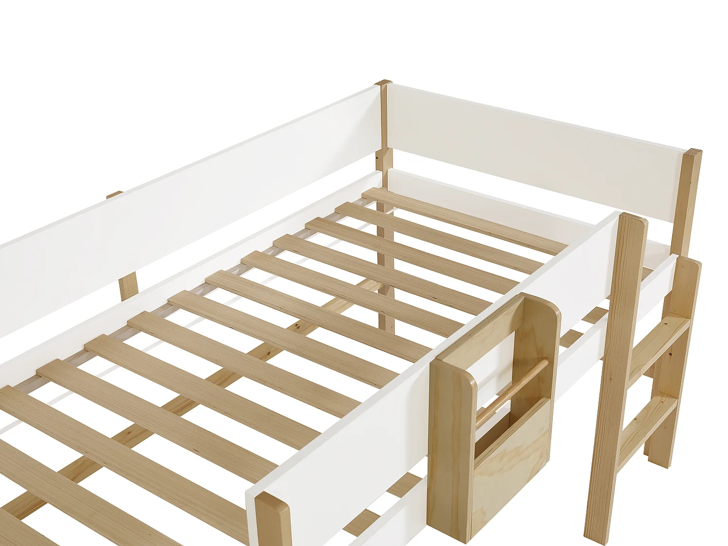 Lit mi-hauteur 90 x 190 cm – Avec toboggan – Pin et MDF – Blanc et naturel  + Matelas – VELASO
