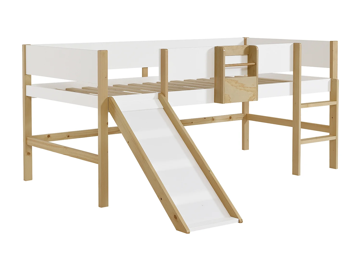 Lit mi-hauteur 90 x 190 cm – Avec toboggan – Pin et MDF – Blanc et naturel  + Matelas – VELASO