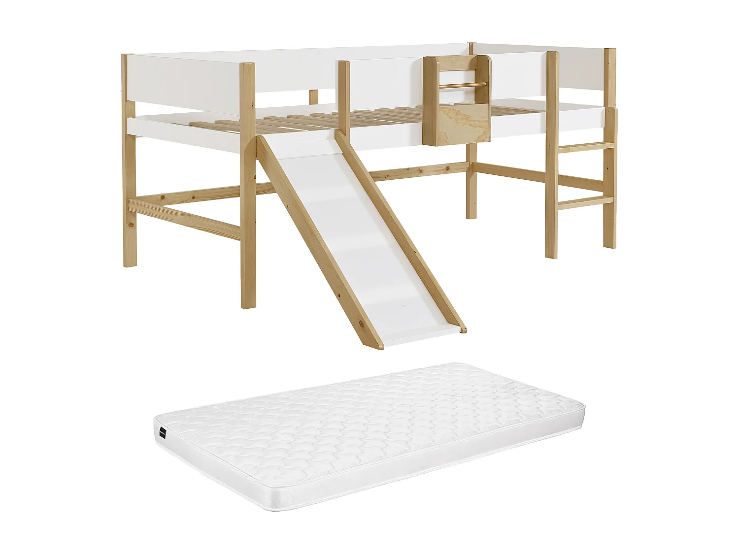 Lit mi-hauteur 90 x 190 cm – Avec toboggan – Pin et MDF – Blanc et naturel  + Matelas – VELASO