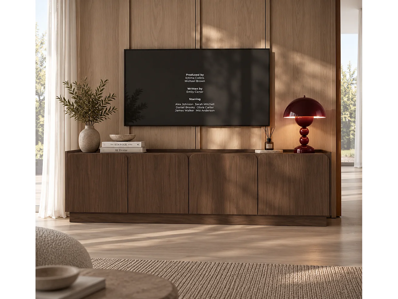 TV unit with four doors and eight shelves, Villa walnut, 180 x 40 x 59.7 cm