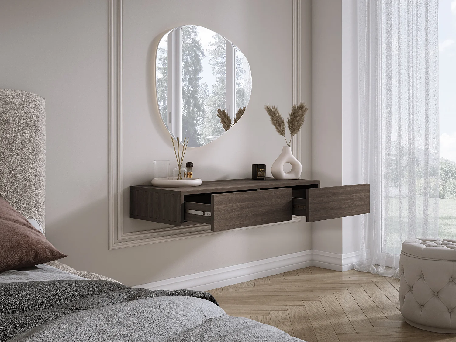 Wandhangende kaptafel met twee laden, gladde voorkant, Dunin-eiken, 100 x 39,6 x 16 cm